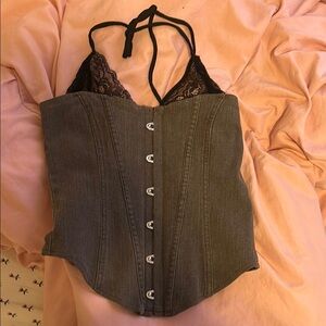 Gray Halter Corset Top with Black Lace